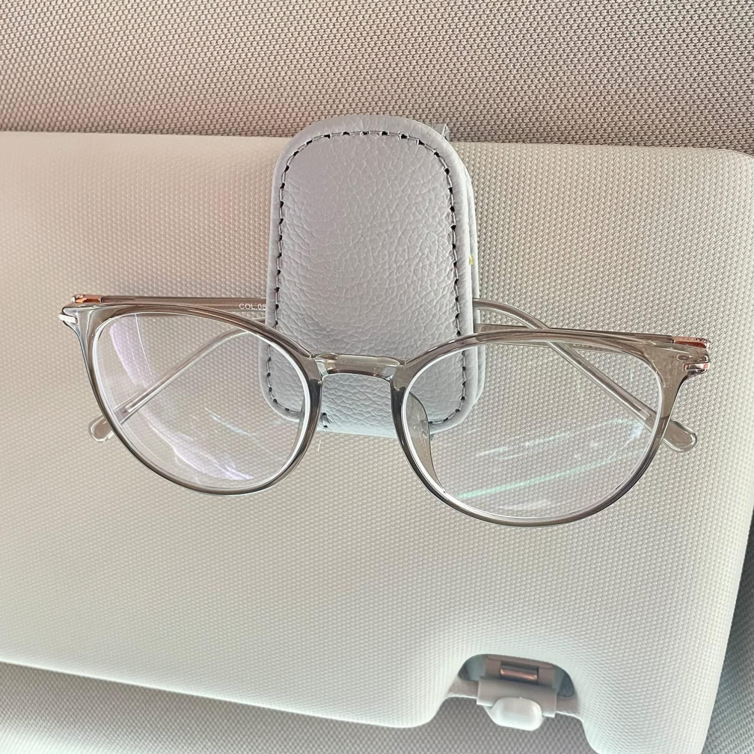 Kinglyday Sunglasses Holders for Car Sun Visor, Magnetic Leather Glasses Eyeglass Hanger Clip for Car, Ticket Card Clip Eyeglasses Mount, Car Visor Accessories - KinglyDay