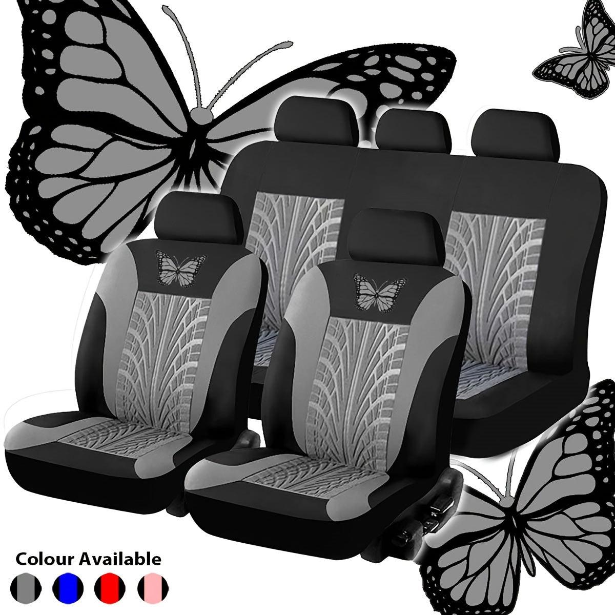 Red, Blue, Beige, Gray, Pink Butterfly Embroidery Universal Car Seat Cover Full Set - KinglyDay