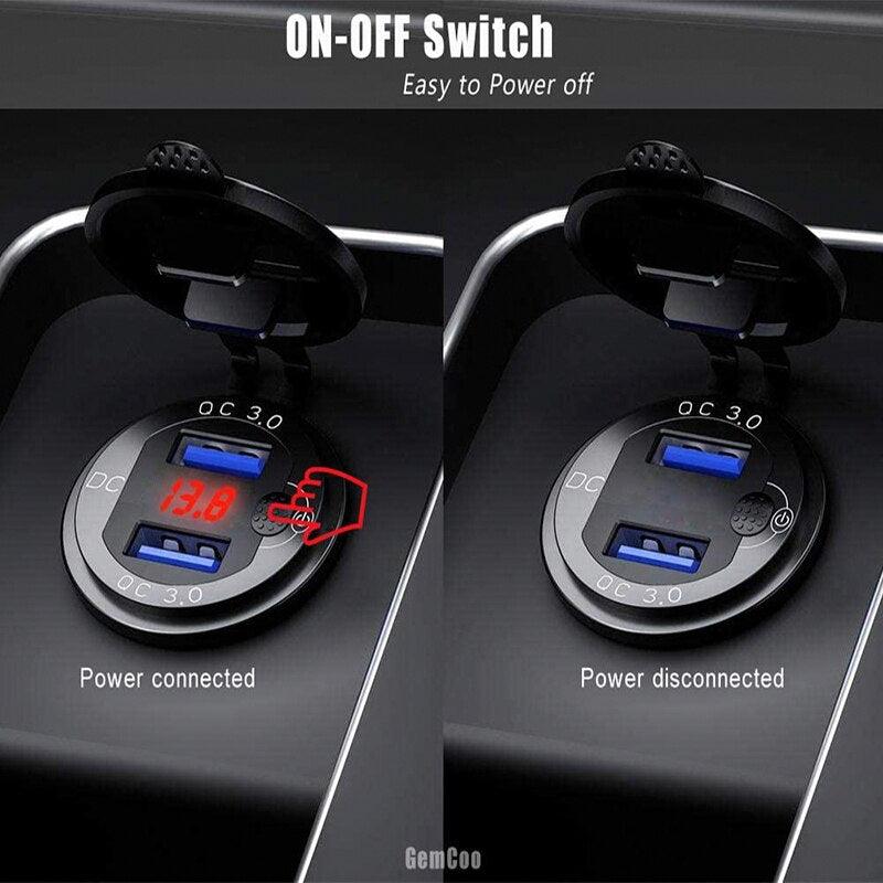 Quick Charge QC 3.0 36W Car Waterproof Dual USB Charger Socket With Switch Voltmeter For 12V/24 Motorcycle ATV Boat Truck - KinglyDay