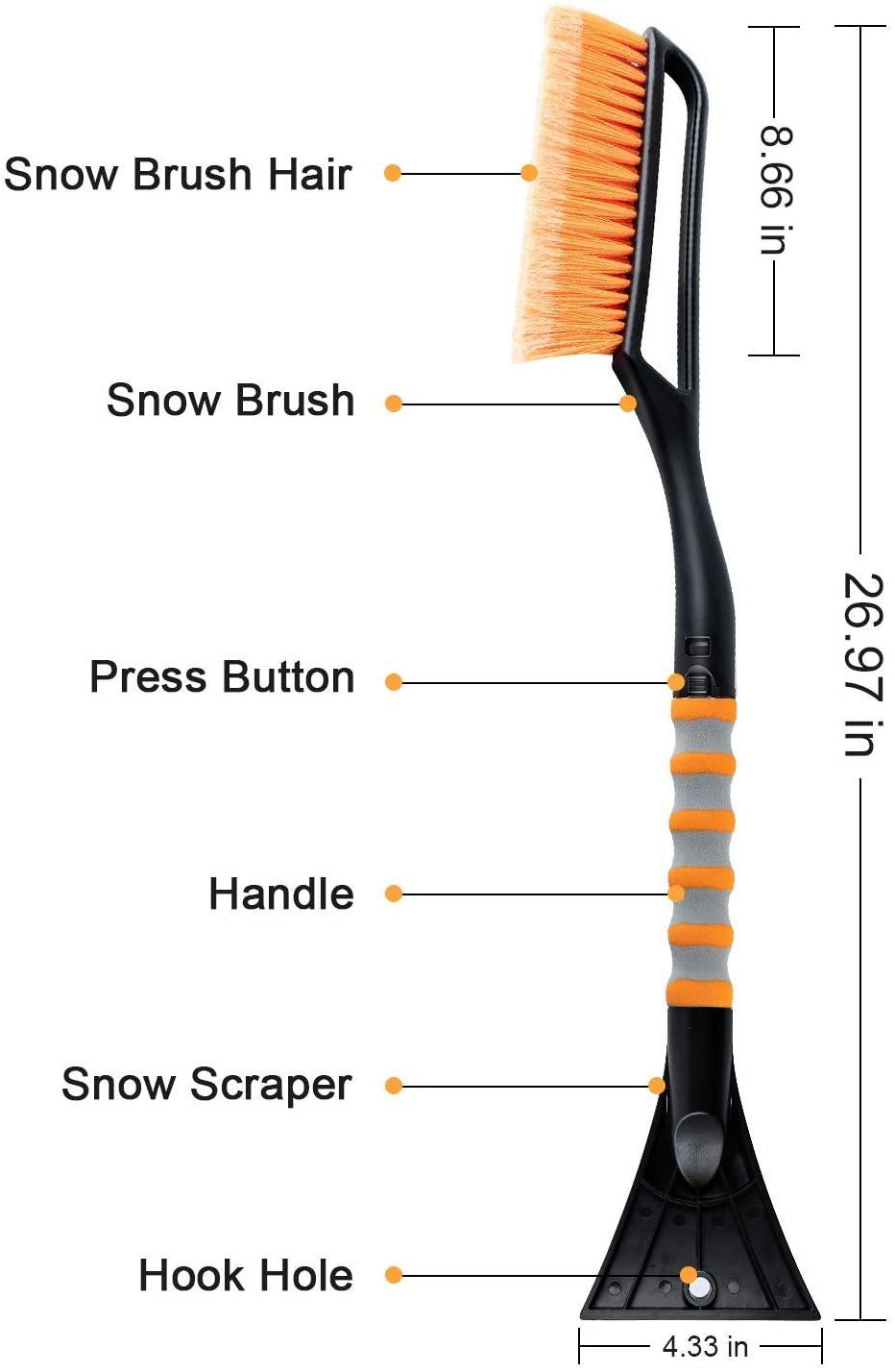 27" Snow Brush and Detachable Ice Scraper with Ergonomic Foam Grip for Cars, Trucks, SUVs - KinglyDay