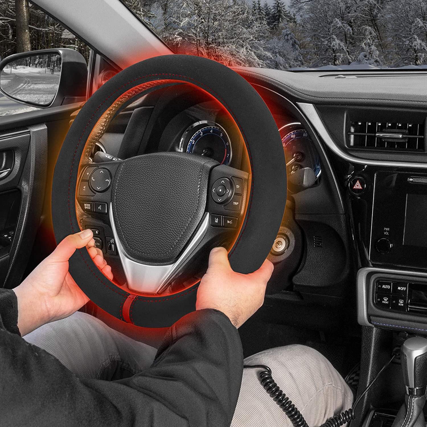 Warm Touch Heated Steering Wheel Cover Heats up Quickly - Universal Size 14.5-15.5" for Car Truck Van SUV - KinglyDay