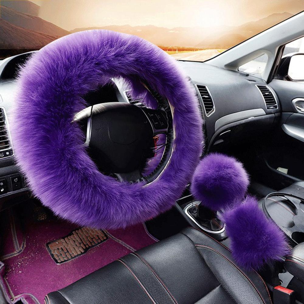 38cm Solid Soft Warm Long Wool Fuzzy Steering Wheel Cover Woolen Handbrake Car Accessory Sheep Fur Plush Protector Cover Kit - KinglyDay