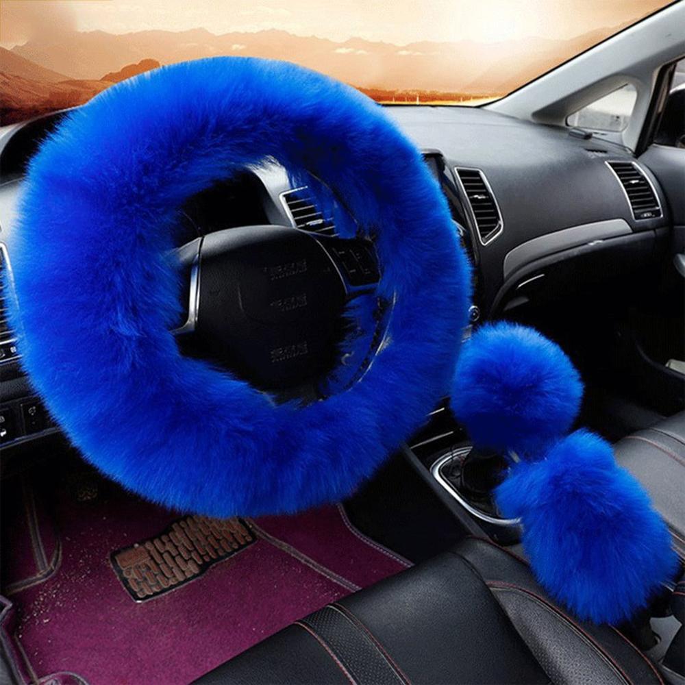 38cm Solid Soft Warm Long Wool Fuzzy Steering Wheel Cover Woolen Handbrake Car Accessory Sheep Fur Plush Protector Cover Kit - KinglyDay