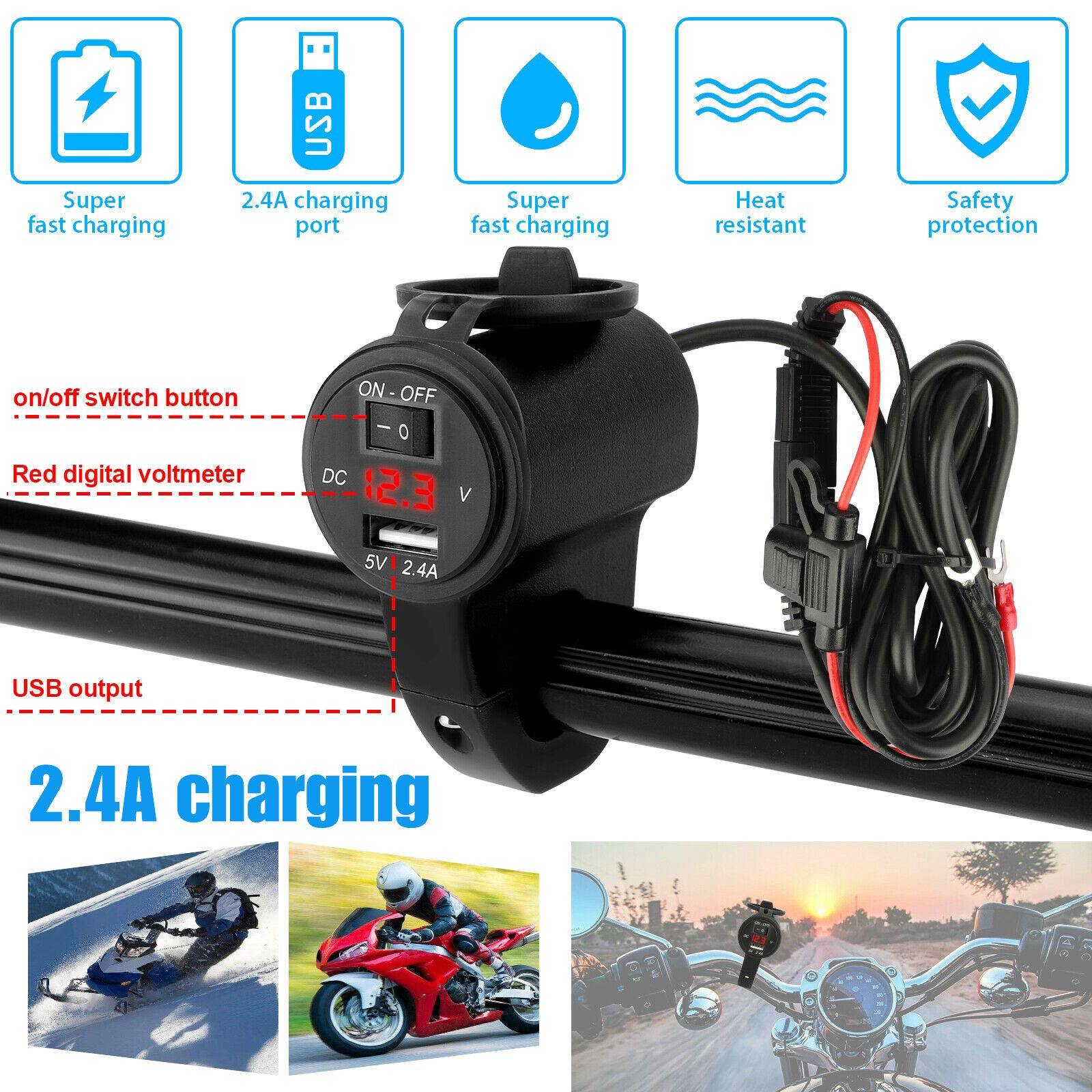 12V 2.4A Waterproof Motorcycle Dual USB Phone GPS Fast Charger Adapter Red LED - KinglyDay