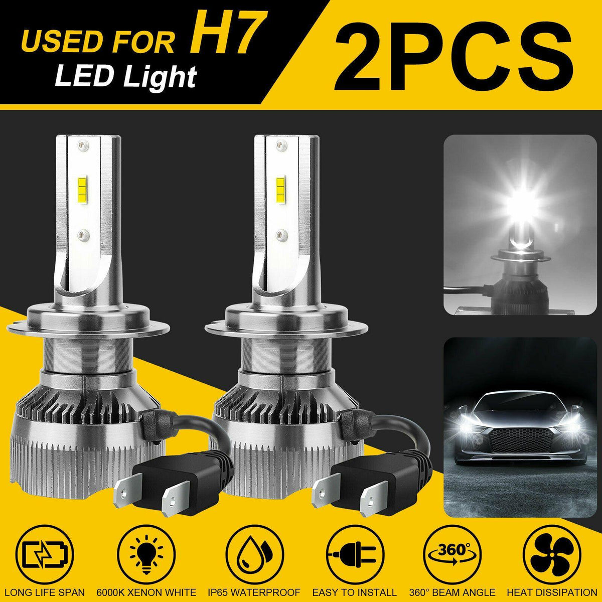 2x H7 Super Bright CSP LED Headlight Bulbs Kit High Low Beam 6000K Xenon White - KinglyDay