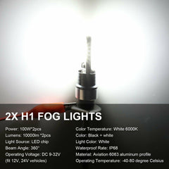 2X H1 Super Bright COB LED Fog Driving DRL Light Bulbs 100W 10000LM 6000K White - KinglyDay